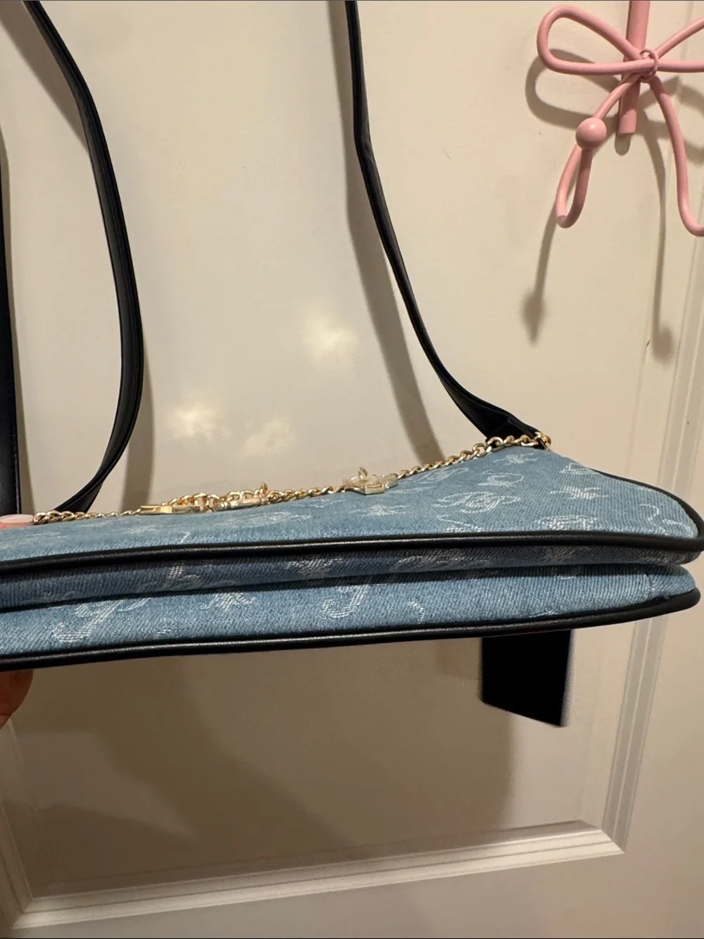Baby Phat Denim Monogram Chain Charm Shoulder Bag in Blue